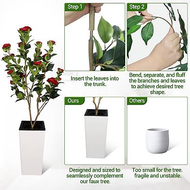 Artificial Camellia Tree, Faux Potted Plant with Realistic Red and White Flowers, Maintenance-Free