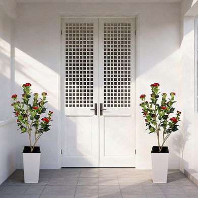 Artificial Camellia Tree, Faux Potted Plant with Realistic Red and White Flowers, Maintenance-Free