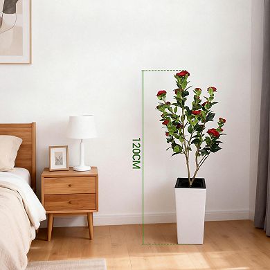 Artificial Camellia Tree, Faux Potted Plant with Realistic Red and White Flowers, Maintenance-Free