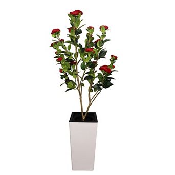 Artificial Camellia Tree, Faux Potted Plant with Realistic Red and White Flowers, Maintenance-Free