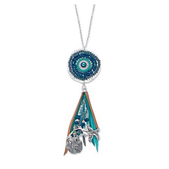 Blue and Grey Crystal Antiqued Silvertone Ocean Themed Fringe Necklace 32"-34"