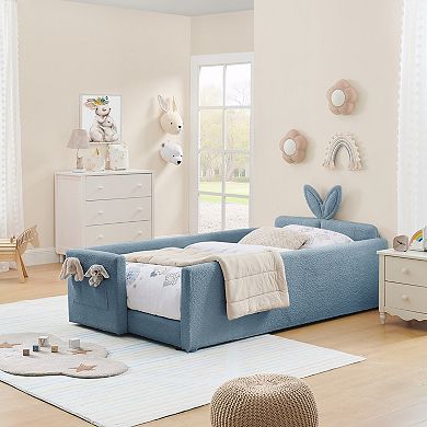 GOODSILO Twin Size Upholstered Platform Bed with Headboard and Safety Rail