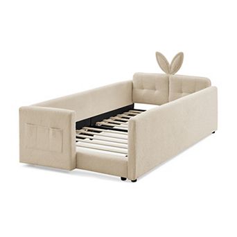 GOODSILO Twin Size Upholstered Platform Bed with Headboard and Safety Rail