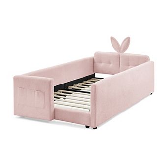 GOODSILO Twin Size Upholstered Platform Bed with Headboard and Safety Rail