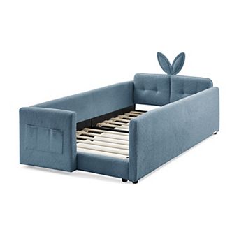 GOODSILO Twin Size Upholstered Platform Bed with Headboard and Safety Rail