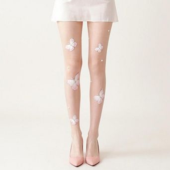 Women's Sheer Butterfly Applique Tights, Stretch Fit Lightweight Embellished Pantyhose Stockings
