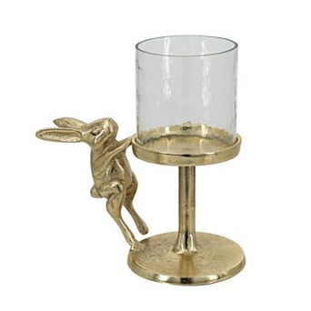 TOEMOA Elegant Glass Hurricane Candle Holder with Whimsical Bunny Accent