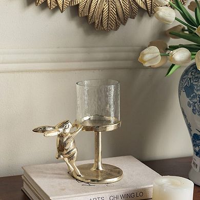TOEMOA Elegant Glass Hurricane Candle Holder with Whimsical Bunny Accent