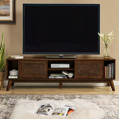 67.9 Inch Mid Century Modern Storage Cabinet With Rattan TV Stand