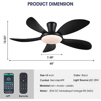 48 Inch Flush Mount Ceiling Fan with Light DC Motor Remote and App Control Indoor Use