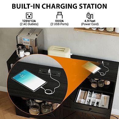 51" Buffet Cabinet, Sideboard with 3 Drawers, Open Shelf and Charging Station, for Kitchen