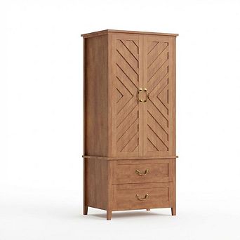 Spacious V Shape Tall Wooden Armoire Wardrobe Closet 2 Doors & Drawers, Hanging Rod