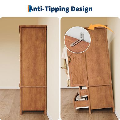 Spacious V Shape Tall Wooden Armoire Wardrobe Closet 2 Doors & Drawers, Hanging Rod