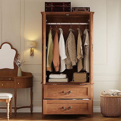 Spacious V Shape Tall Wooden Armoire Wardrobe Closet 2 Doors & Drawers, Hanging Rod