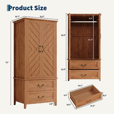Spacious V Shape Tall Wooden Armoire Wardrobe Closet 2 Doors & Drawers, Hanging Rod