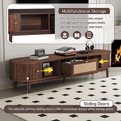 Modern Storage Cabinet Farmhouse TV Stand with Rattan Drawer