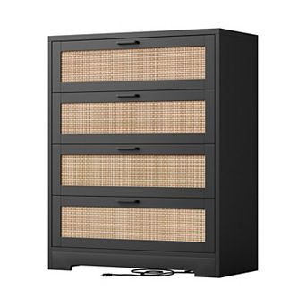 Rattan Tall Dresser with Power Outlet, 4 Drawer Wood Chest for Bedroom, Hallway