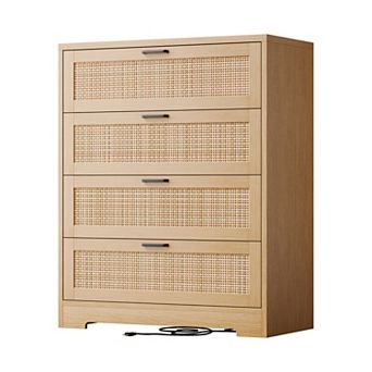 Rattan Tall Dresser with Power Outlet, 4 Drawer Wood Chest for Bedroom, Hallway