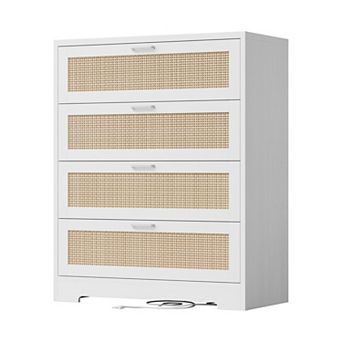 Rattan Tall Dresser with Power Outlet, 4 Drawer Wood Chest for Bedroom, Hallway