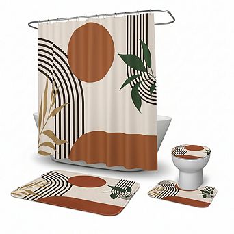 Boho Geometric Shower Curtain Set 4 pc with Lid Cover & Non-Slip Rugs Modern Bathroom 12 Hooks