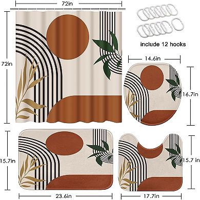 Boho Geometric Shower Curtain Set 4 Pcs with Lid Cover & Non-Slip Rugs Modern Bathroom 12 Hooks