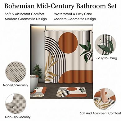 Boho Geometric Shower Curtain Set 4 Pcs with Lid Cover & Non-Slip Rugs Modern Bathroom 12 Hooks