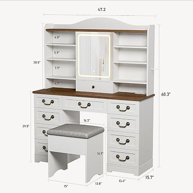 Makeup Vanity Desk with Mirror, Vanity Table with Chair, Vanity Desk with 10 Drawers for Bedroom