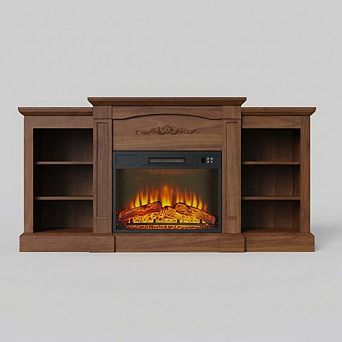 TV Stand with Mantel & Cabinets, Fits TVs Up to 67", 18" Fireplace Insert with Remote