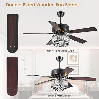52" Farmhouse Crystal Fandelier, Luxury Ceiling Fan with Light & Remote Control