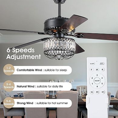 52" Farmhouse Crystal Fandelier, Luxury Ceiling Fan with Light & Remote Control