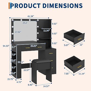 Makeup Vanity with Mirror, Vanity Desk with Stool, Lighted Vanity Table for Bedroom