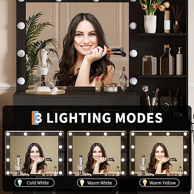 Makeup Vanity with Mirror, Vanity Desk with Stool, Lighted Vanity Table for Bedroom