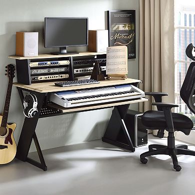 GOODSILO Natural Oak Finish Music Recording Studio Desk with Storage