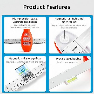 Wall Mount Measuring and Leveling Tool with Dual Position Markers and Built In Bubble Level