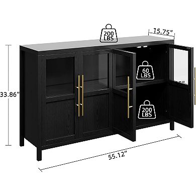 Sideboard Buffet Cabinet with 4 Glass Doors, 55 in Buffet Table Coffee Bar Wine Bar Display Cabinet