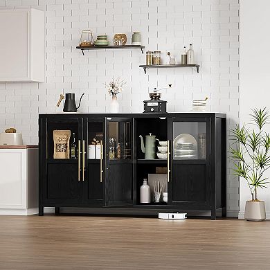 Sideboard Buffet Cabinet with 4 Glass Doors, 55 in Buffet Table Coffee Bar Wine Bar Display Cabinet