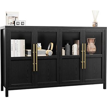 Sideboard Buffet Cabinet with 4 Glass Doors, 55 in Buffet Table Coffee Bar Wine Bar Display Cabinet