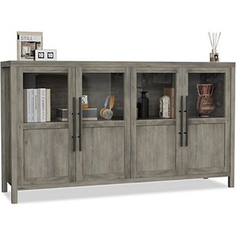 Sideboard Buffet Cabinet with 4 Glass Doors, 55 in Buffet Table Coffee Bar Wine Bar Display Cabinet