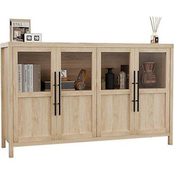 Sideboard Buffet Cabinet with 4 Glass Doors, 55 in Buffet Table Coffee Bar Wine Bar Display Cabinet