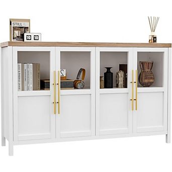 Sideboard Buffet Cabinet with 4 Glass Doors, 55 in Buffet Table Coffee Bar Wine Bar Display Cabinet