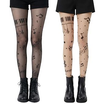 2 pc Women's Sheer Tights with Musical Note and Piano Pattern Design