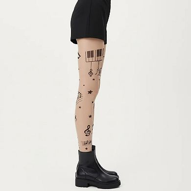 2pcs Women's Sheer Tights with Musical Note and Piano Pattern Design