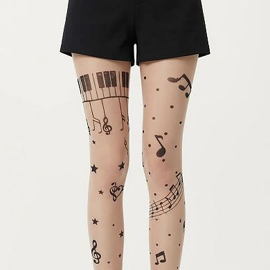 2pcs Women's Sheer Tights with Musical Note and Piano Pattern Design