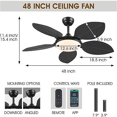 48 Inch Palm Leaf Tropical Ceiling Fan,LED Light,DC Motor, App Remote,Indoor and Outdoor