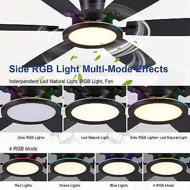 55 Inch Flush Mount Ceiling Fan with RGB LED Light, DC Motor, 6-Blade App and Remote Control