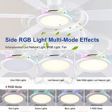 55 Inch Flush Mount Ceiling Fan with RGB LED Light, DC Motor, 6-Blade App and Remote Control