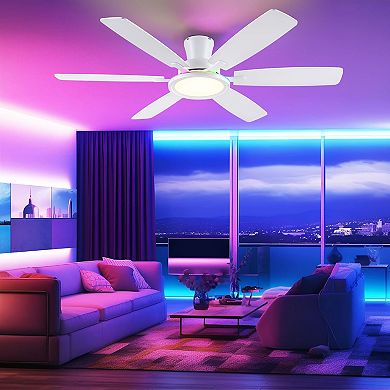 55 Inch Flush Mount Ceiling Fan with RGB LED Light, DC Motor, 6-Blade App and Remote Control