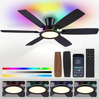 55 Inch Flush Mount Ceiling Fan with RGB LED Light, DC Motor, 6-Blade App and Remote Control