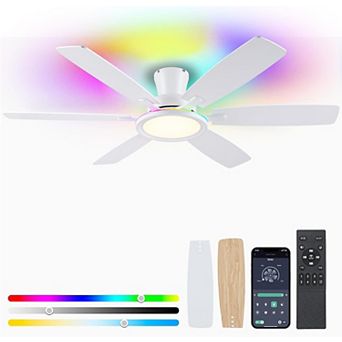 55 Inch Flush Mount Ceiling Fan with RGB LED Light, DC Motor, 6-Blade App and Remote Control