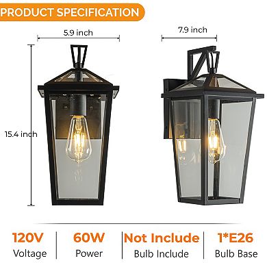 H15" 1 Light Modern Matte Black Outdoor Wall Lantern with Clear Tempered Glass Open Bottom Design Ex